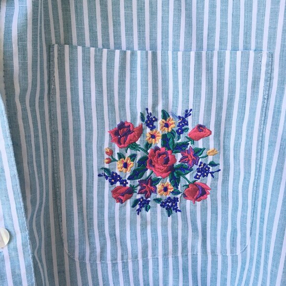 90s Pinstripe Button Down with Floral Decal - Picture 2 of 4